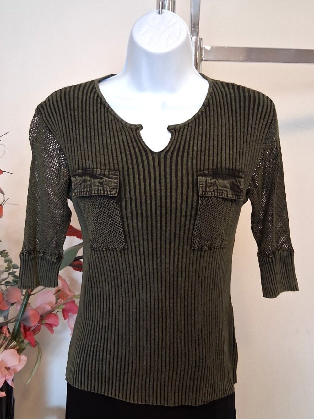 Soft Knit 100% Cotton Cardigan Sweater ¾ Sleeves Size S Green